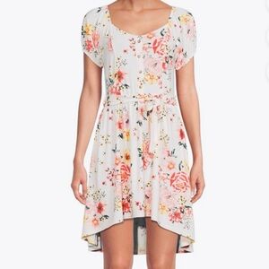 NOBO Women's Medium White & Rose Floral Puff Sleeve Front Tie Peasant Midi Dress